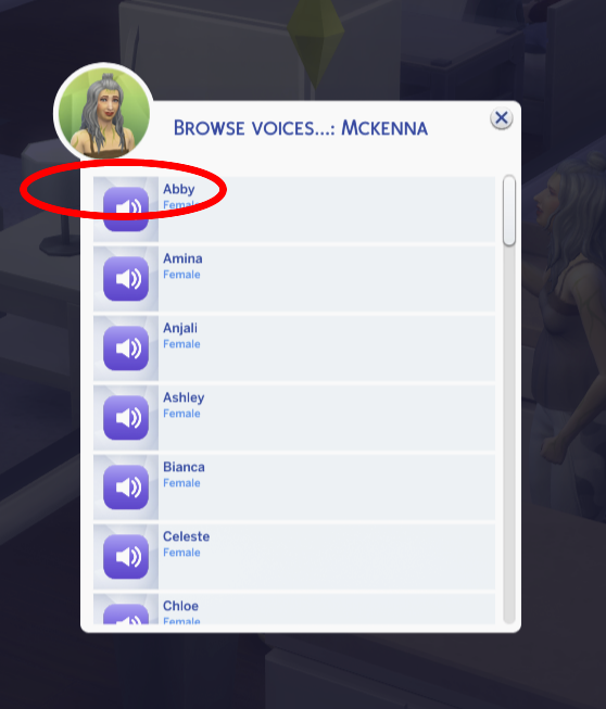 Browse voices picker with the first voice row circled in red