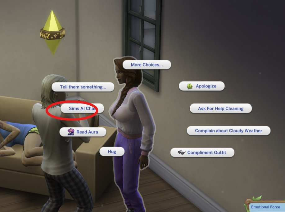 Pie menu on a sim with the "Sims AI Chat" option circled in red